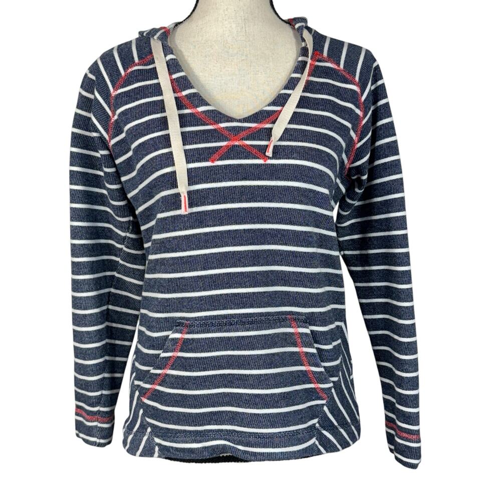 Columbia Small PFG Pullover Top Hooded Striped Stretch Long Sleeve Pocket V-Neck